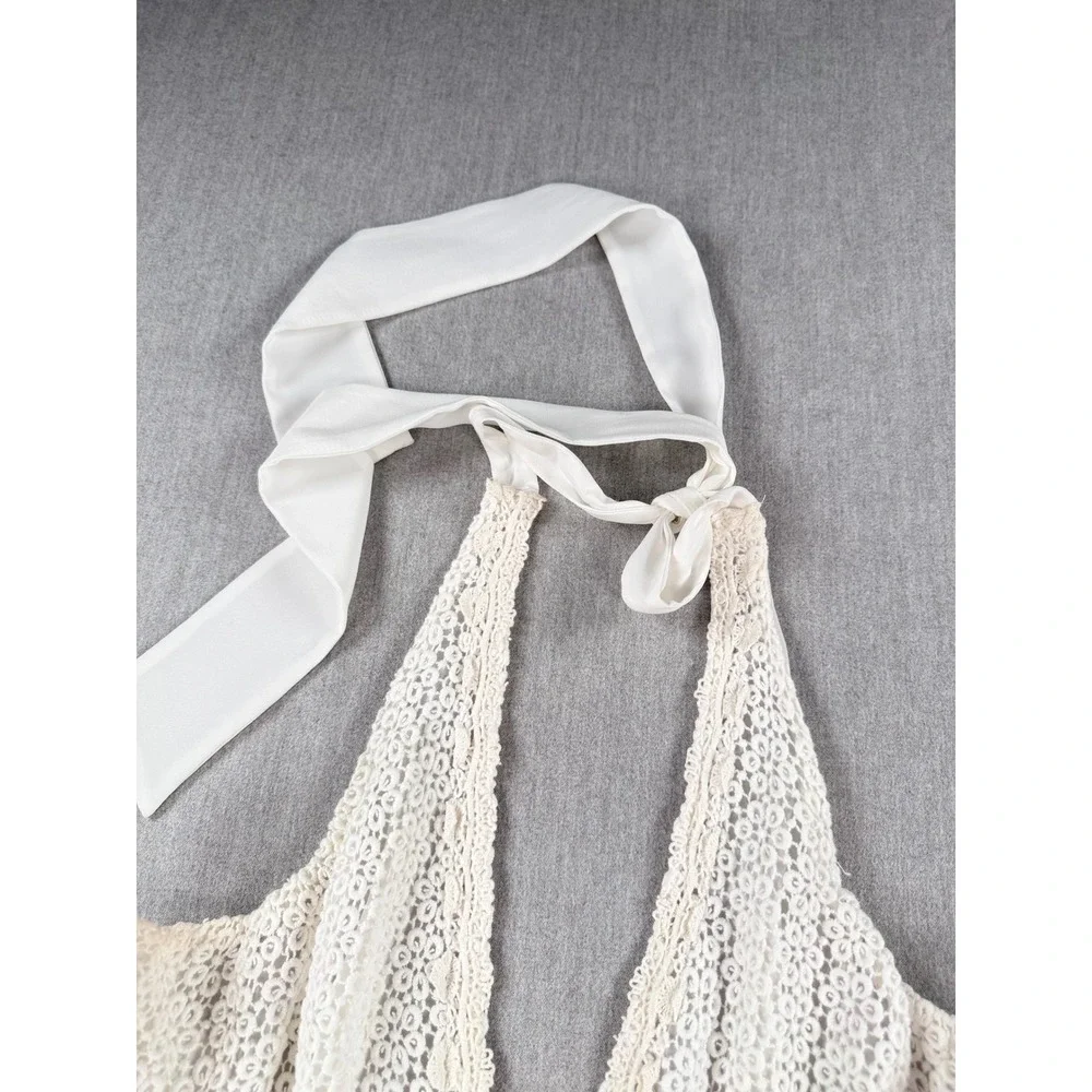 Free‎ People Ivory Lace Halter Mini Dress Boho Crochet Floral 12